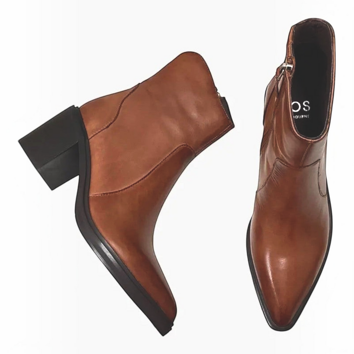 The Shoe Shop Janice brown leather ankle boots with a pointed toe and 70mm block heel, shown from side and top angles.