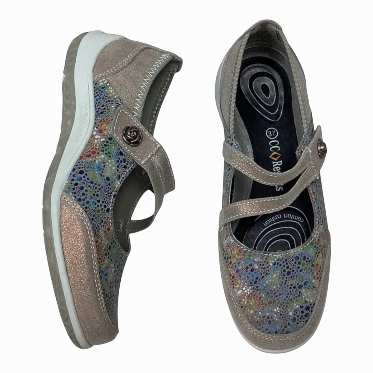 The Shoe Shop Jasmyn flat shoe featuring grey leather, multi-coloured patterned panels, and a comfortable insole.
