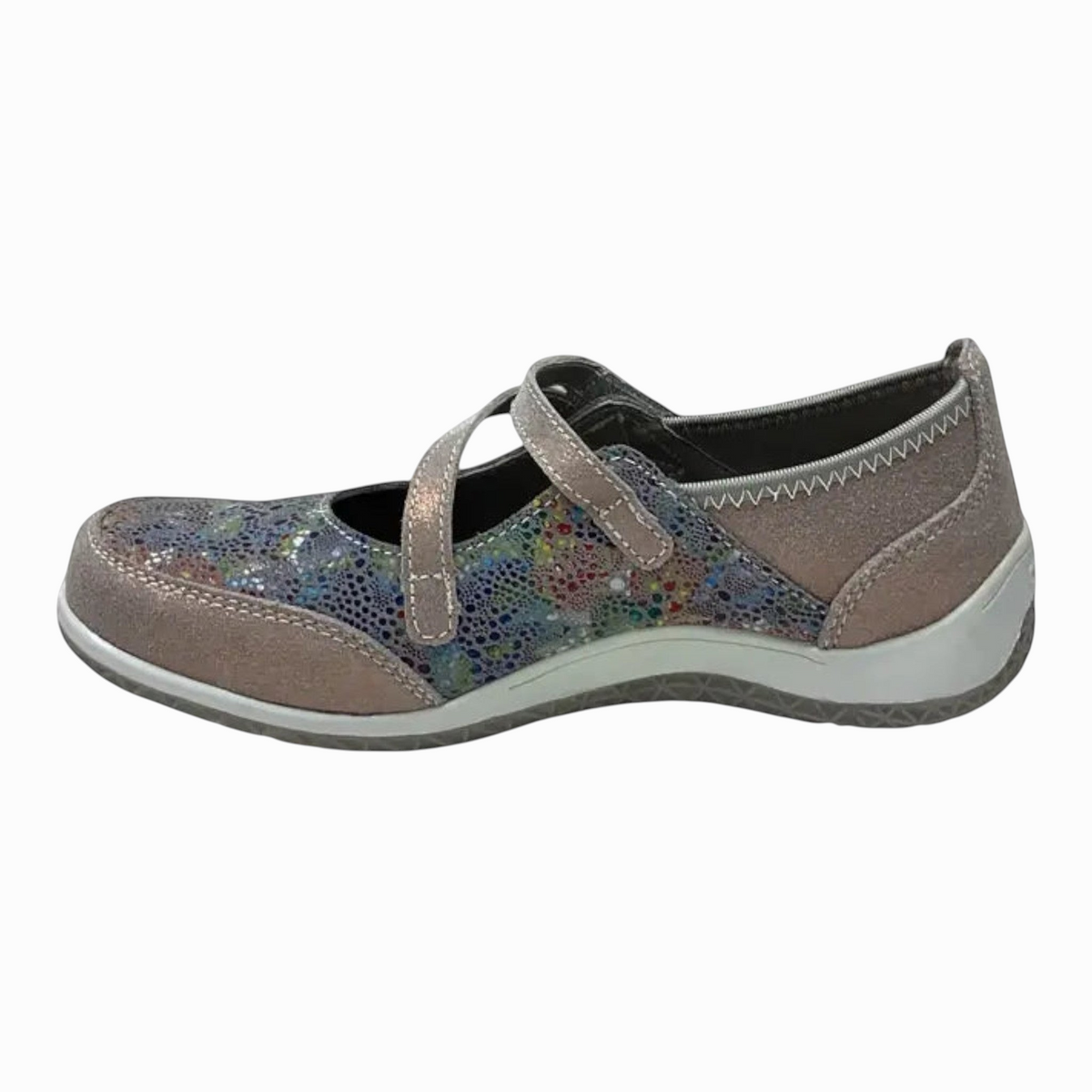 The Shoe Shop Jasmyn flat shoe in metallic pink leather with a multi-coloured patterned toe and cross-strap detail.
