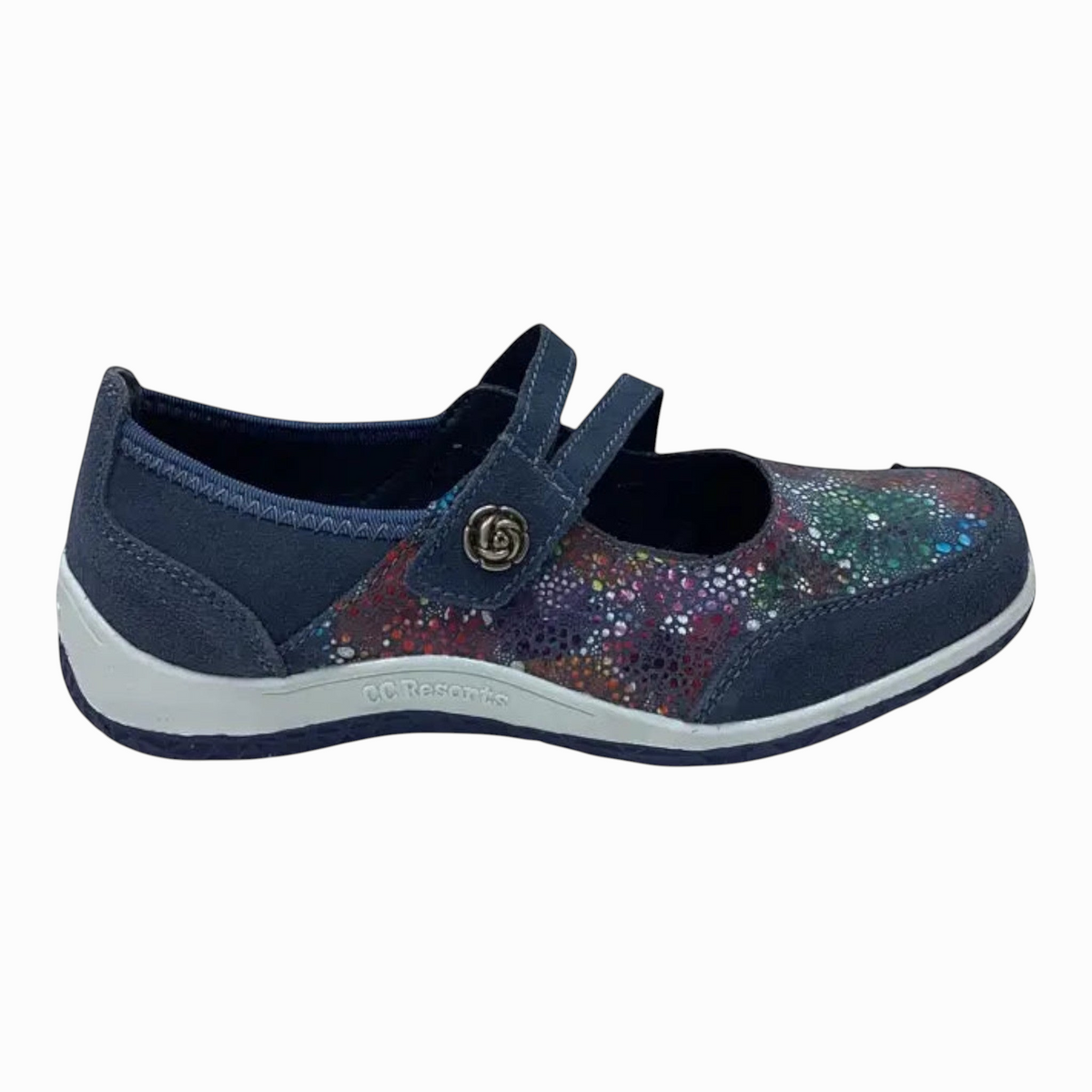 The Shoe Shop Jasmyn flat shoe in navy leather with a colourful patterned toe and secure strap detail.
