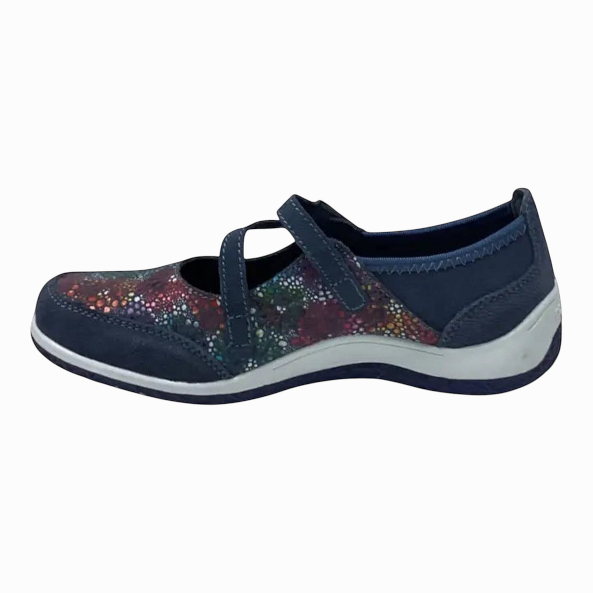 The Shoe Shop Jasmyn flat shoe in navy leather with a multi-coloured patterned toe and comfortable rubber sole.