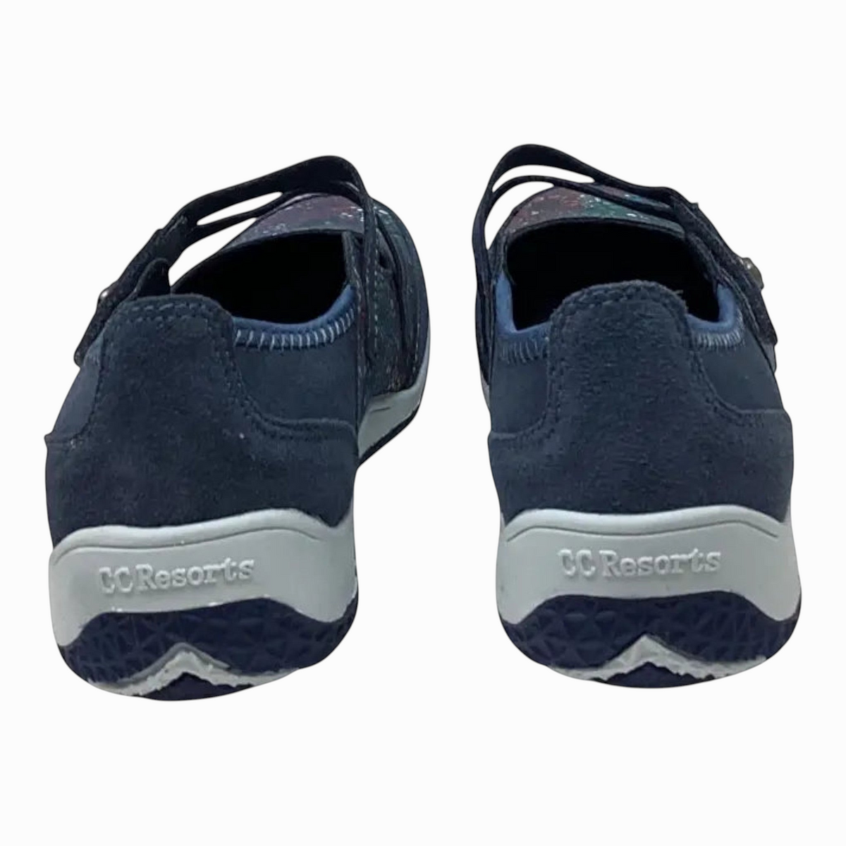 The Shoe Shop Jasmyn navy blue leather flat shoes with a comfortable rubber sole and back view detail.