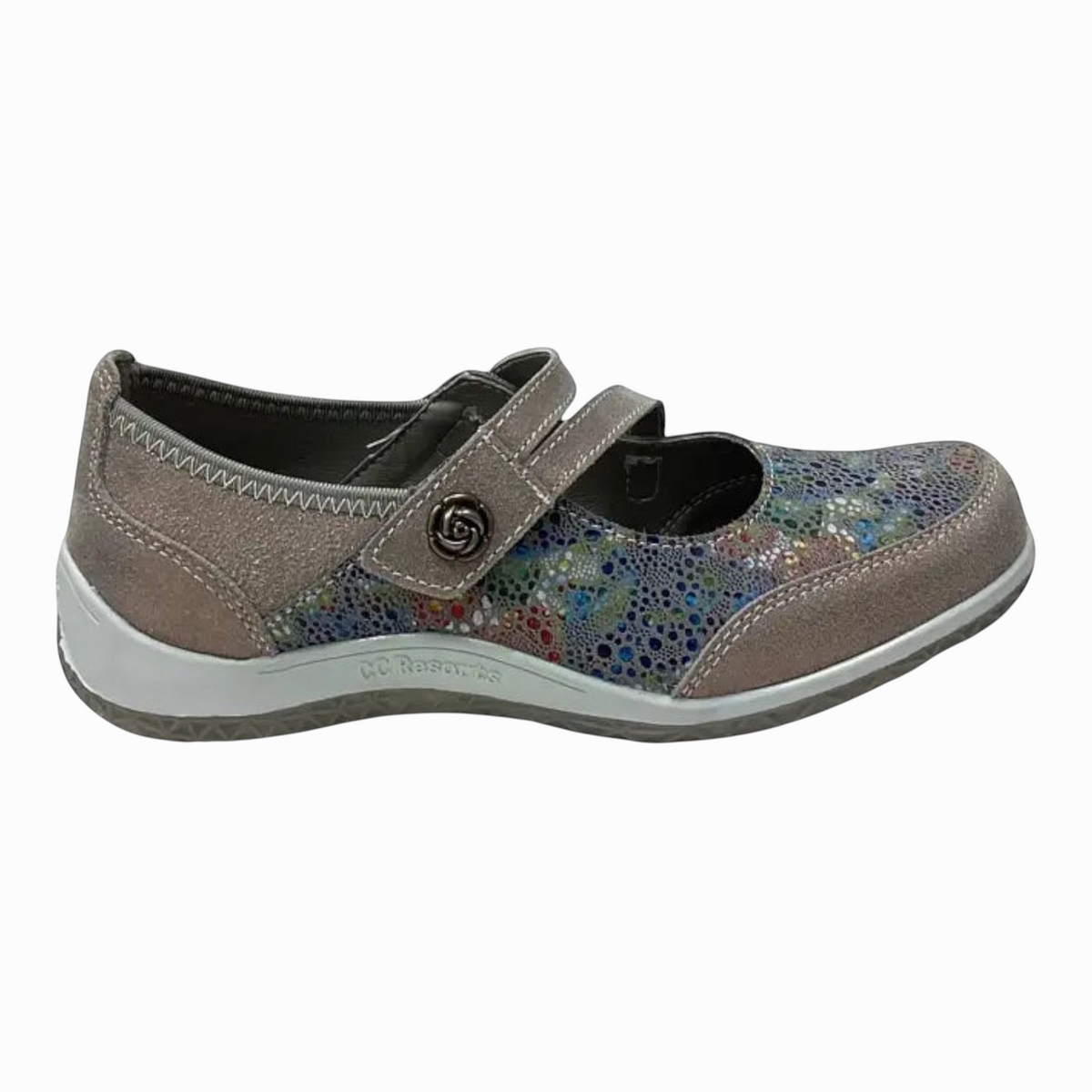The Shoe Shop Jasmyn flat shoe in taupe leather with a multi-coloured patterned toe and adjustable hook-and-loop strap.