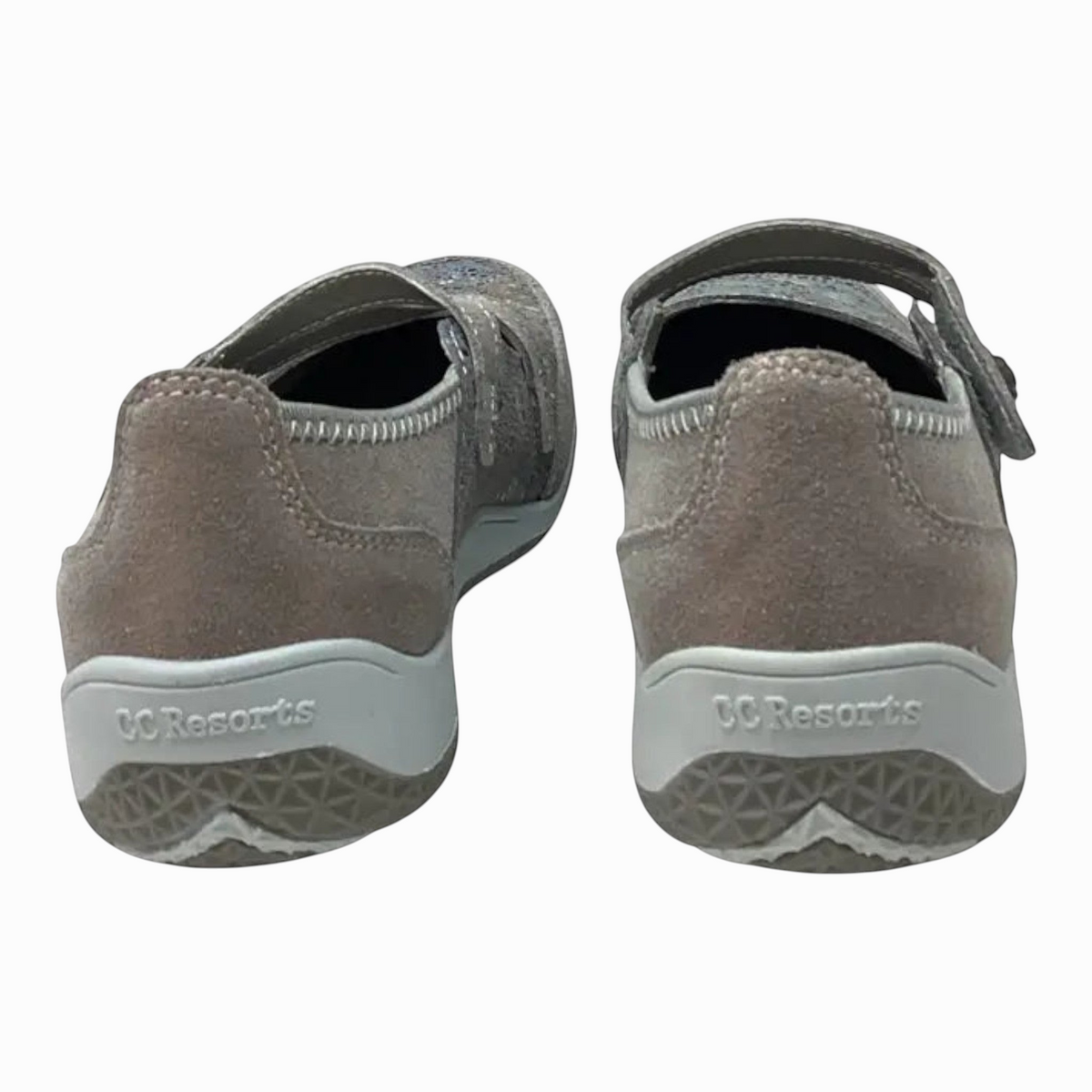 The Shoe Shop Jasmyn flat shoes in taupe suede with leather lining and durable rubber soles, rear view.