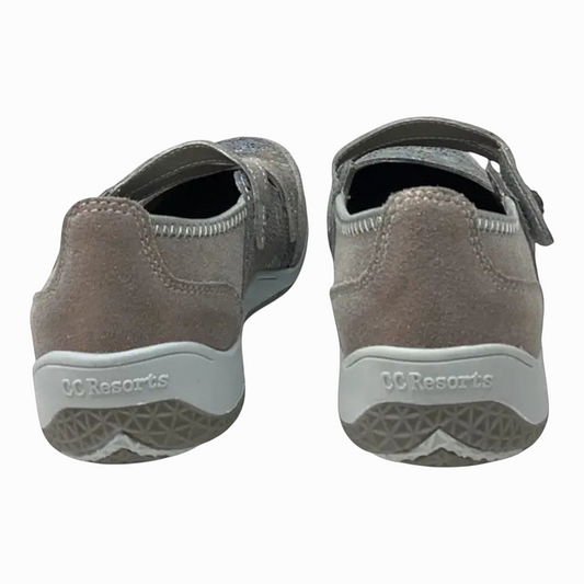 The Shoe Shop Jasmyn flat shoes in taupe suede with leather lining and durable rubber soles, rear view.