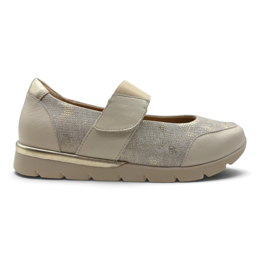 The Shoe Shop Jebba Mary Jane shoe in beige leather with lizard-embossed texture, metallic detail, and rubber sole.
