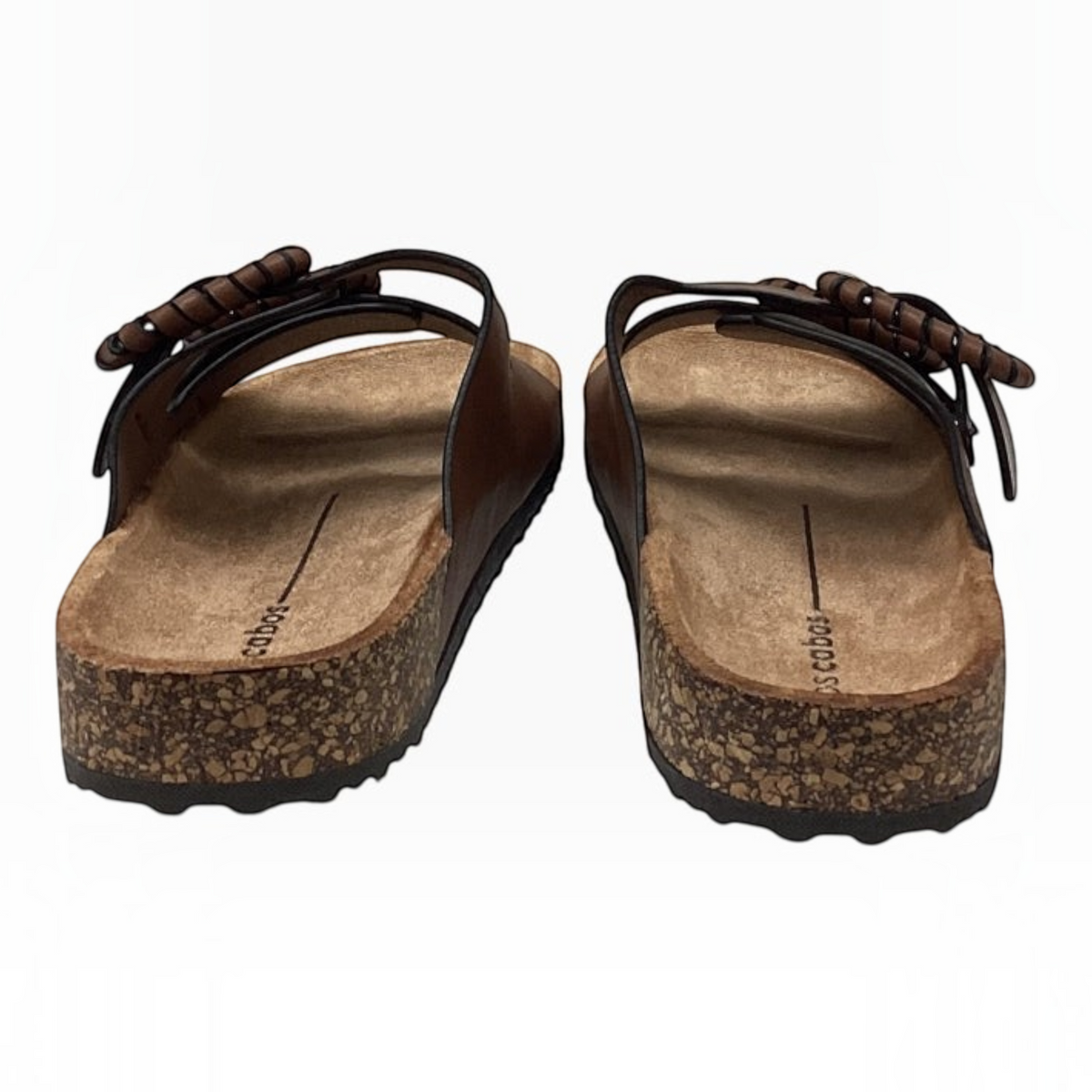The Shoe Shop Jirona leather slides featuring two adjustable straps with buckles and a comfortable cork footbed.