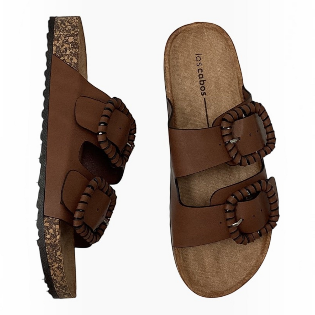 The Shoe Shop Jirona leather slide sandals in brown with two adjustable straps, statement buckles, and cork footbeds.