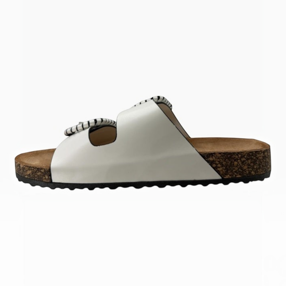 The Shoe Shop Jirona white leather slide with two adjustable straps, statement buckles, and a natural cork footbed.