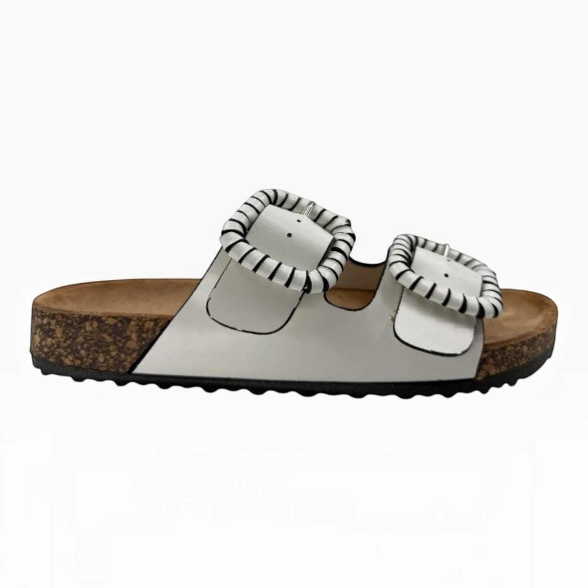The Shoe Shop Jirona white leather slide with two adjustable straps featuring black and white striped buckle detail.