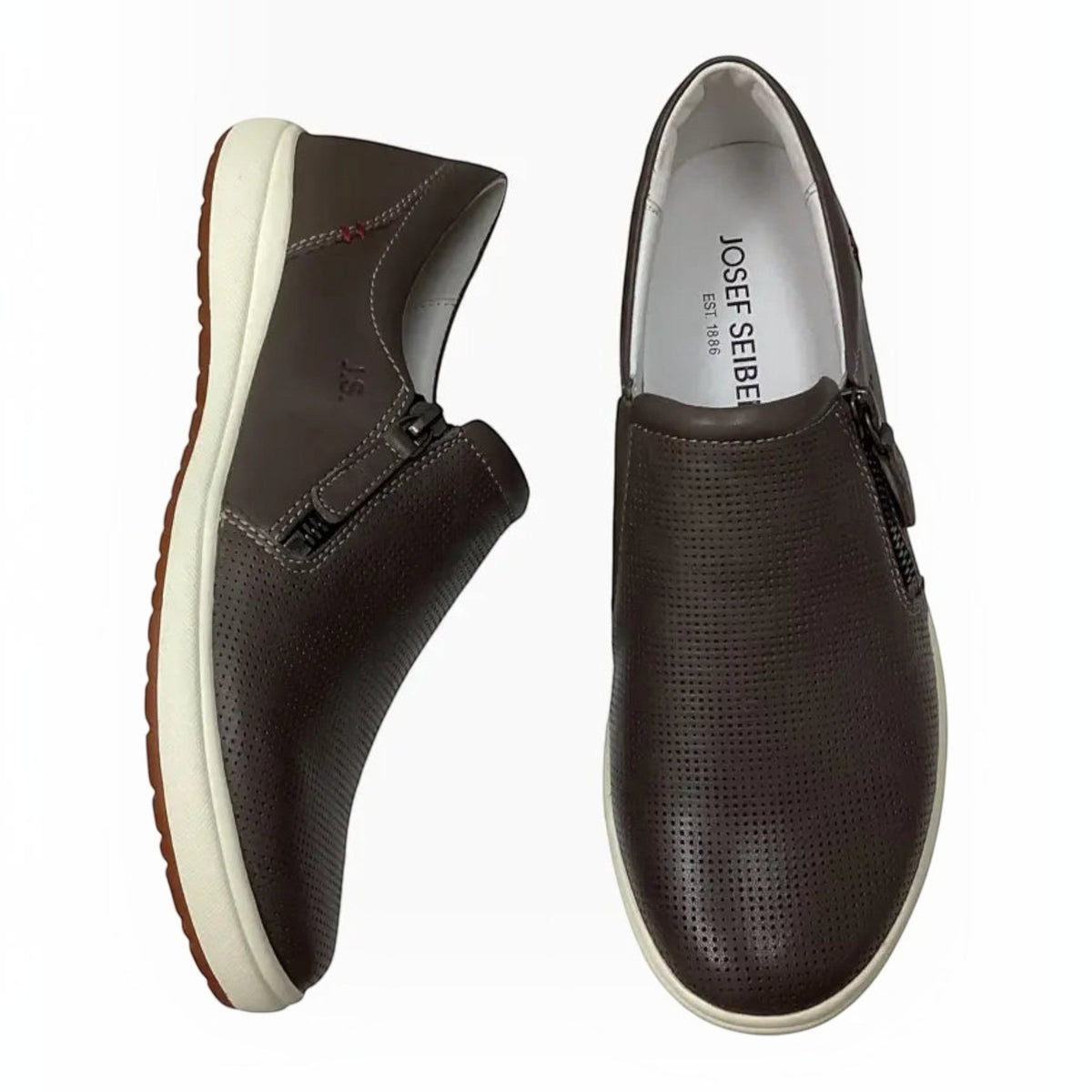 The Shoe Shop Josef Seibel Caren 22 brown perforated leather slip-on shoes with side zip and white flexible sole.