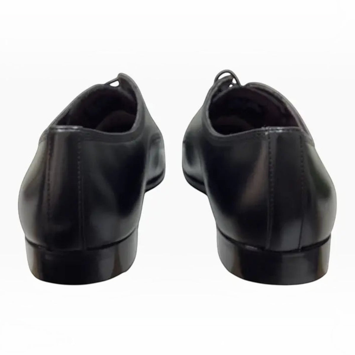 The Shoe Shop Julius Marlow Jaunt men's black leather derby dress shoes, rear view showing sleek polished finish.
