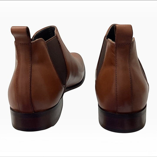 The Shoe Shop Julius Marlow Kick cognac leather Chelsea boots with elastic gussets and heel pull tabs, rear view.