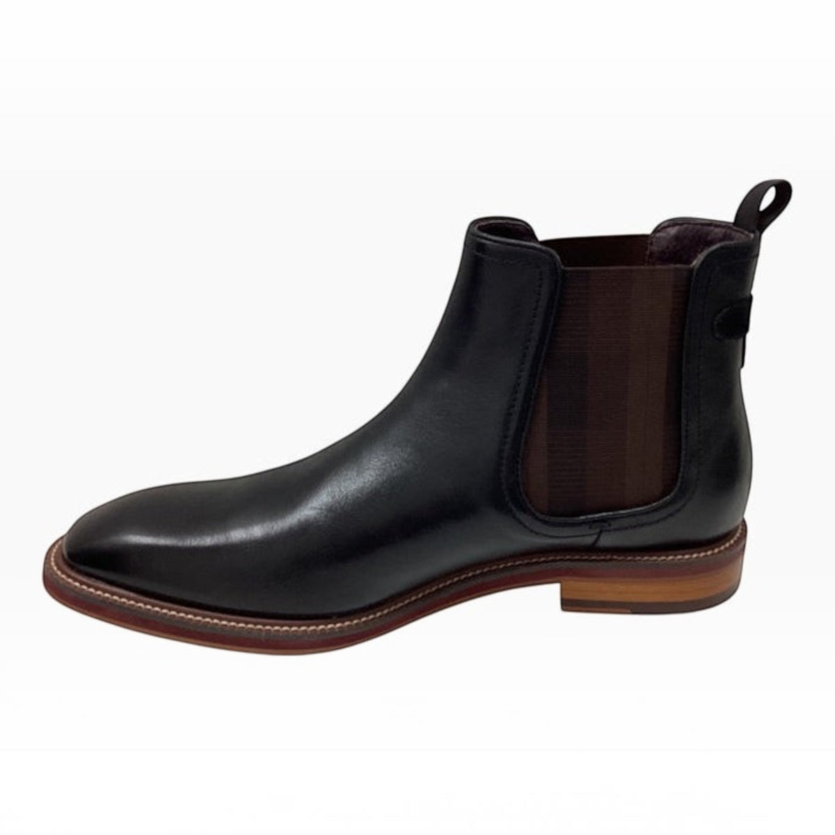 The Shoe Shop Julius Marlow Scuttle black leather Chelsea boot with a brown check elastic gusset and contrast sole