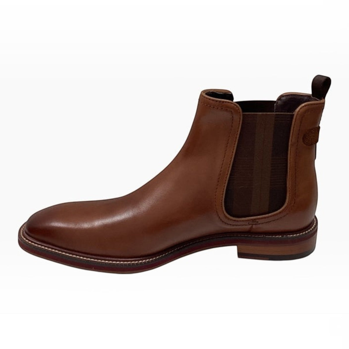 The Shoe Shop Julius Marlow Scuttle brown leather Chelsea boot with a plaid elastic gusset and stacked contrast sole.