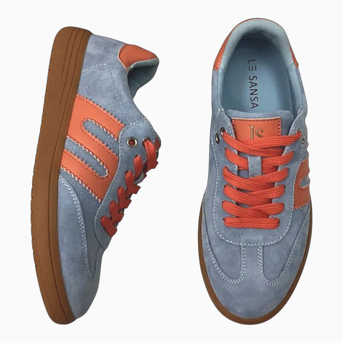 The Shoe Shop Juno two-tone blue suede and orange leather lace-up sneakers with a gum rubber sole