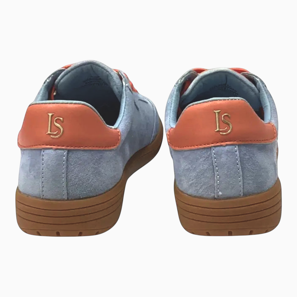 The Shoe Shop Juno two-tone blue suede and orange leather sneakers with gold logo detail and gum rubber sole