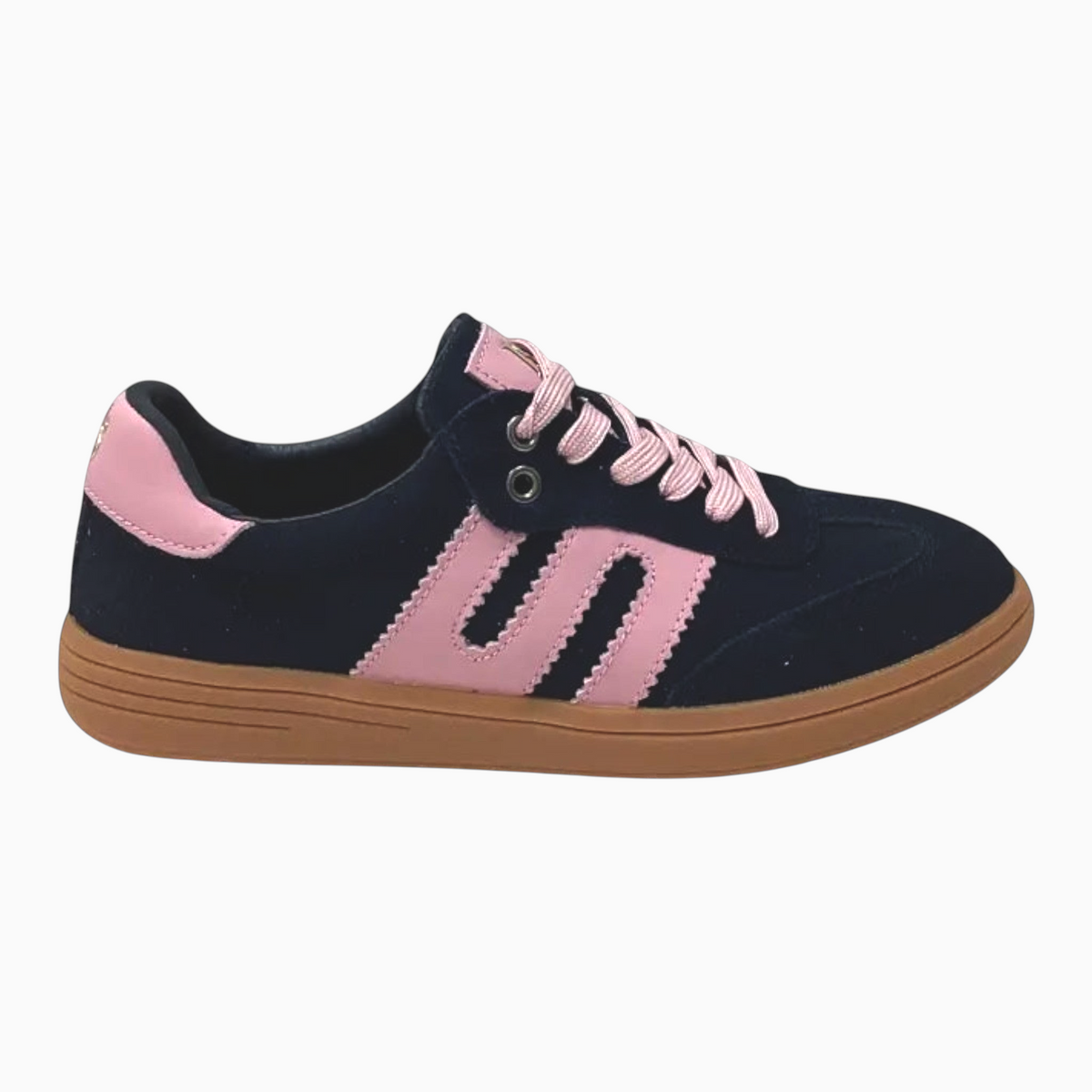 The Shoe Shop Juno sneaker in navy and pink suede with a gum sole, featuring a lace-up design and arch support.