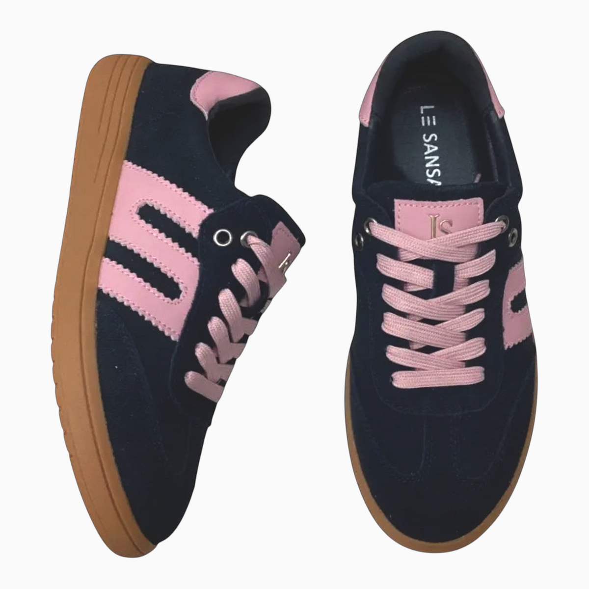 The Shoe Shop Juno two-tone navy and pink leather and suede sneakers with gum soles and lace-up design