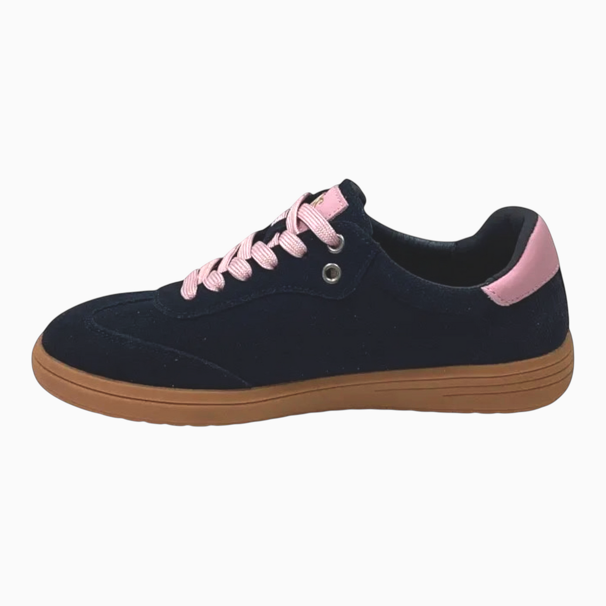 The Shoe Shop Juno navy suede and leather sneaker with pink laces and heel tab on a gum rubber sole
