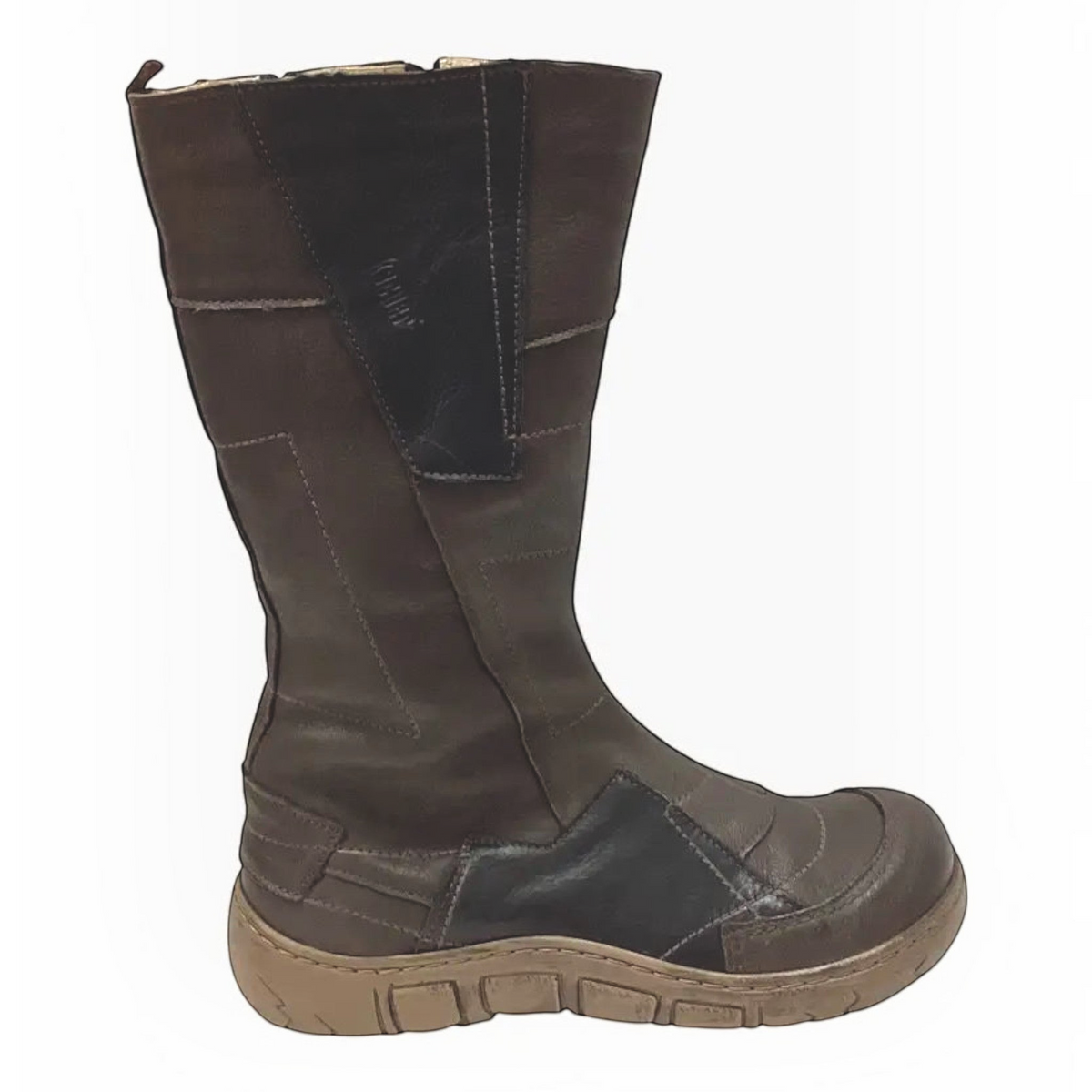 The Shoe Shop Kacper brown leather mid-calf knee boot with contrast black panels and a cushioned rubber sole.