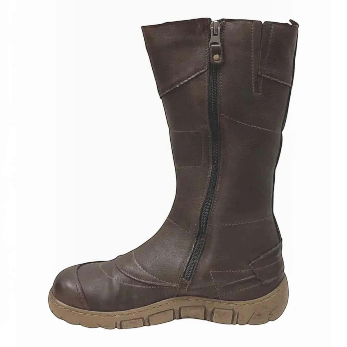 The Shoe Shop Kacper brown leather mid-calf boot with side zipper, contrast panels, and a cushioned rubber sole.