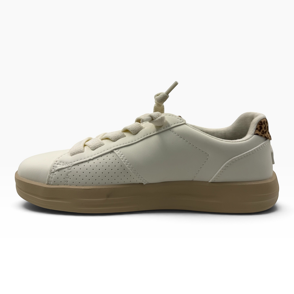 The Shoe Shop Karina Duo Classic white sneaker with a tan platform sole and leopard print heel detail
