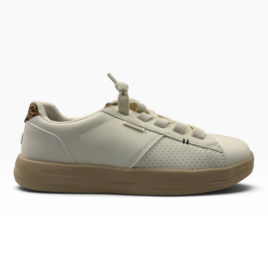 The Shoe Shop Karina Duo Classic white sneaker with perforated side detail and leopard print heel accent