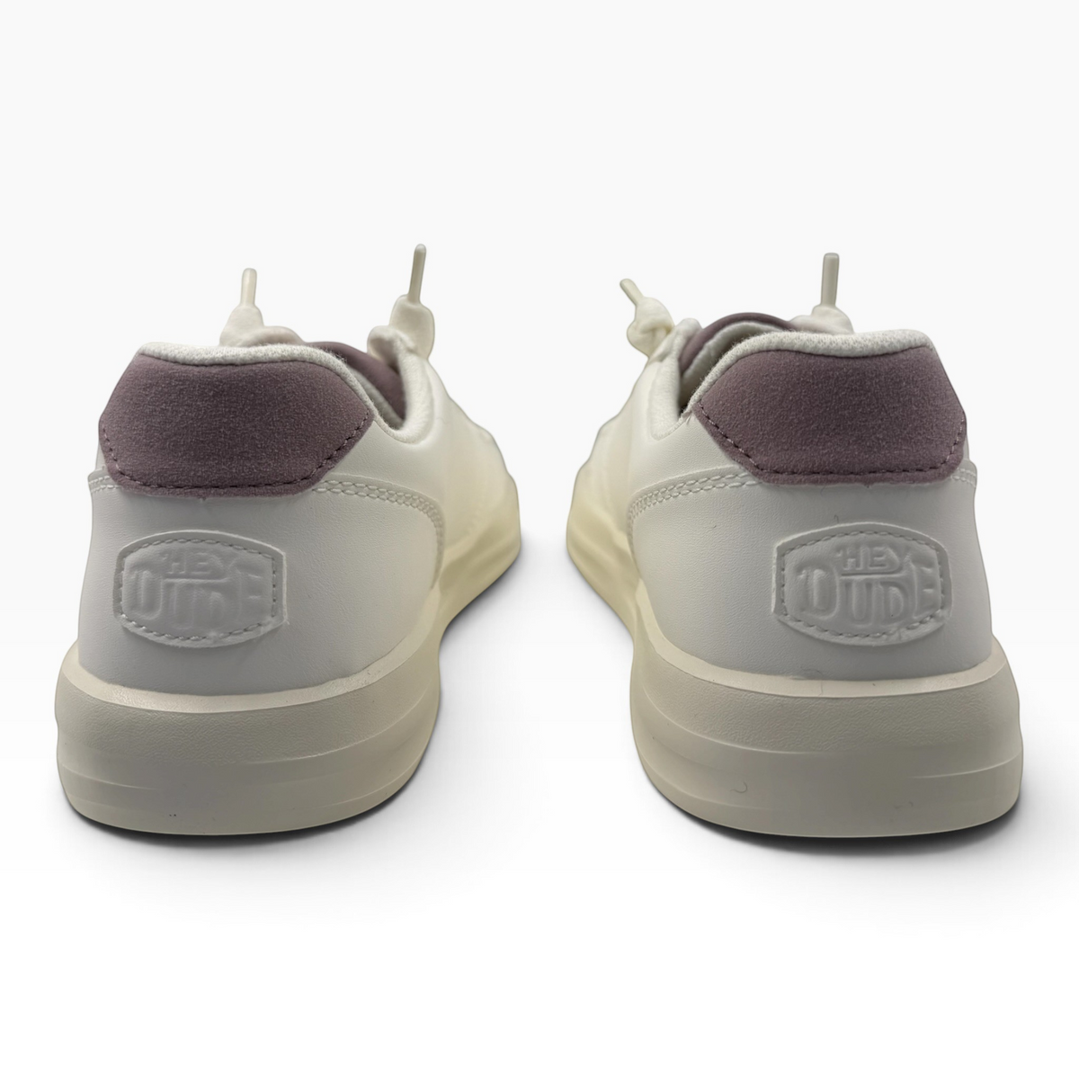 The Shoe Shop Karina Duo Classic sneakers in white with mauve heel accents and embossed logo on the back