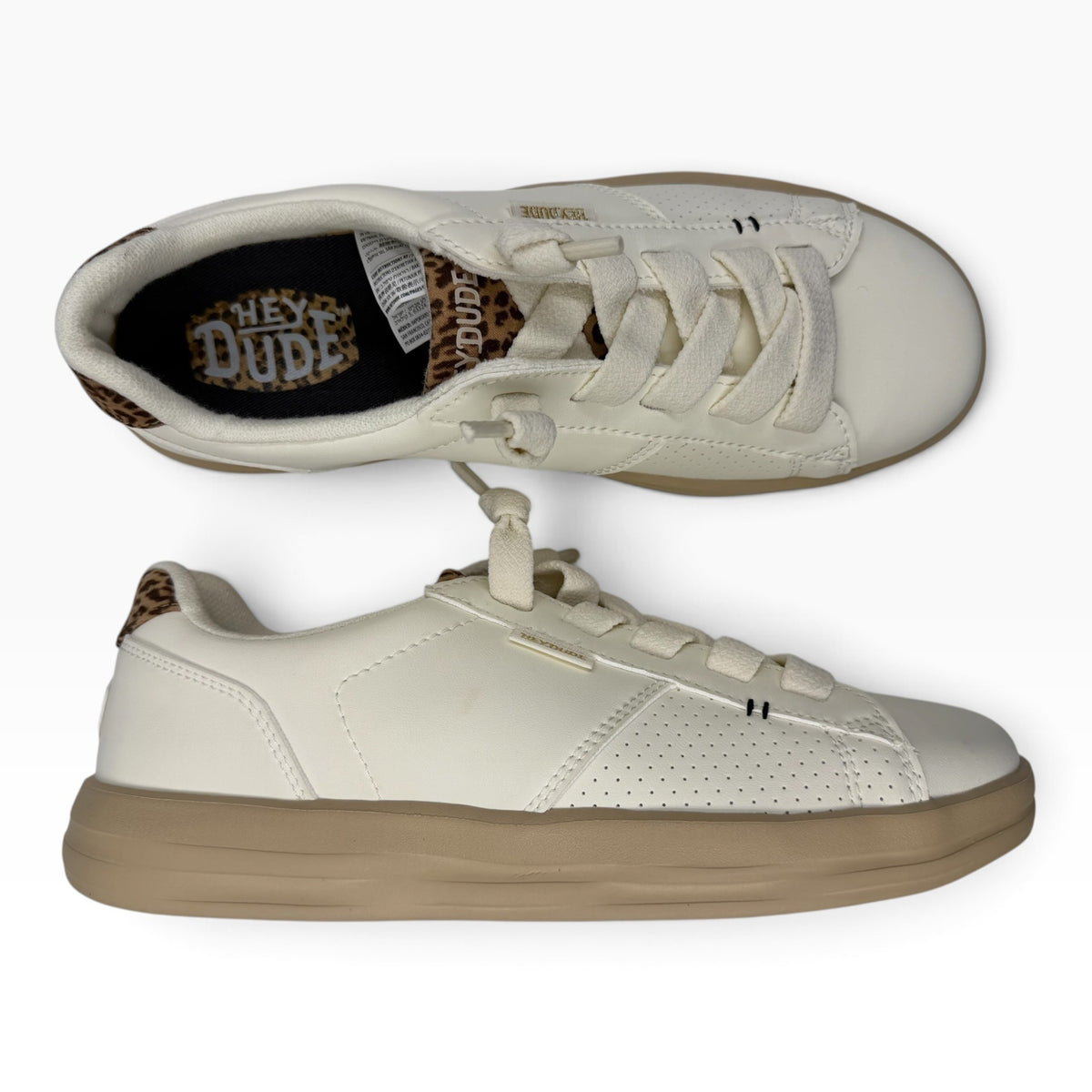 The Shoe Shop Karina Duo Classic white sneakers with tan soles and leopard print heel detail