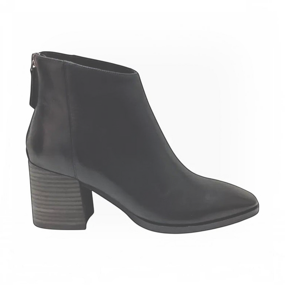 The Shoe Shop Keara black leather ankle boot with an almond toe, back zip, and a comfortable stacked block heel.