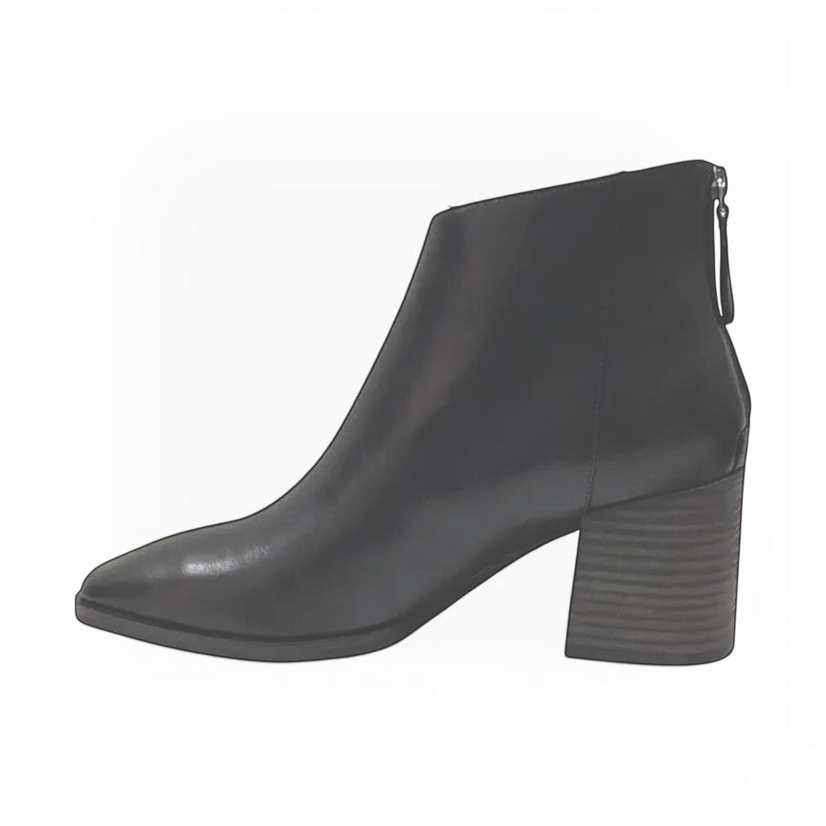 The Shoe Shop Keara black leather ankle boot with almond toe, back zip, and stacked block heel