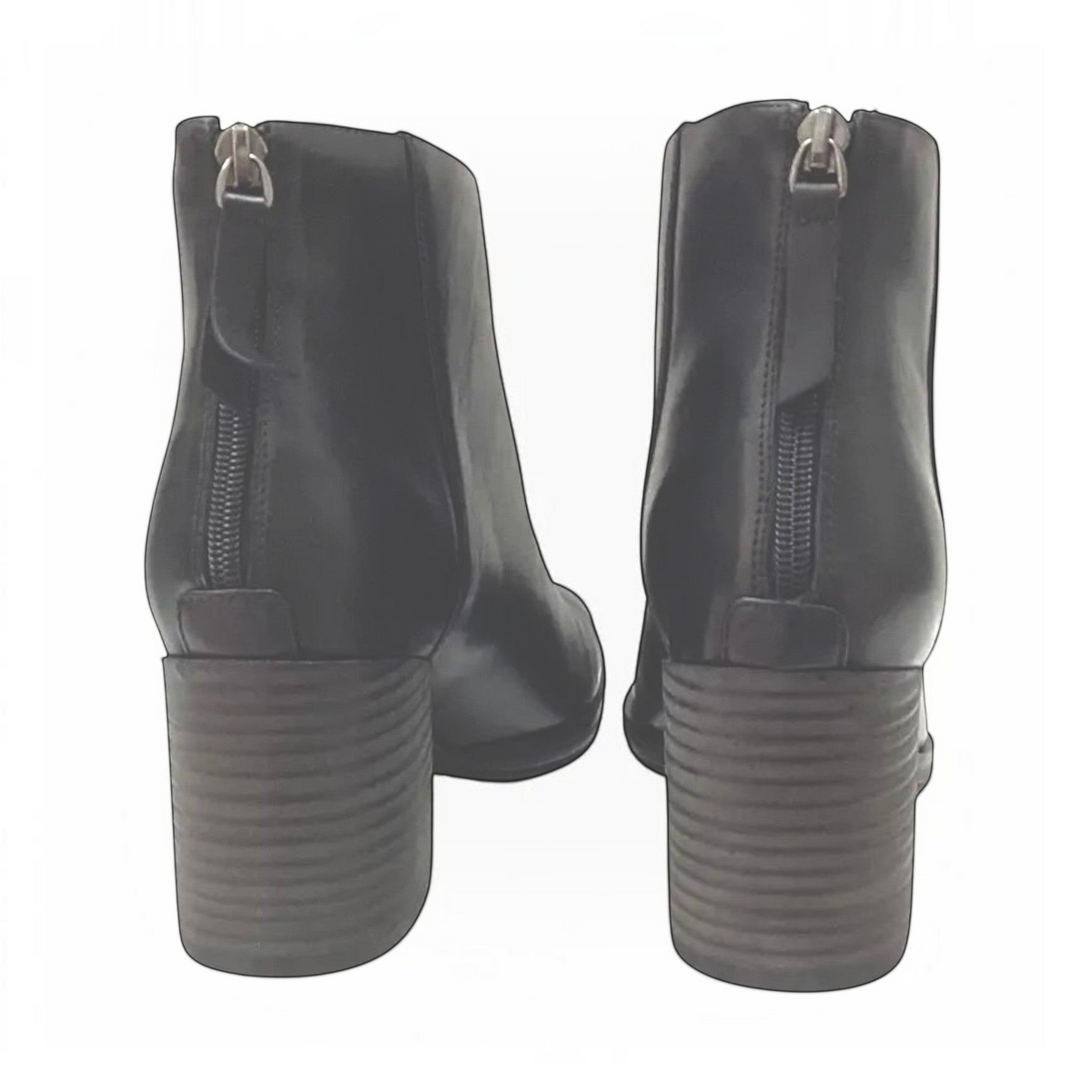 The Shoe Shop Keara black leather ankle boots featuring a back zip closure and a stacked block heel
