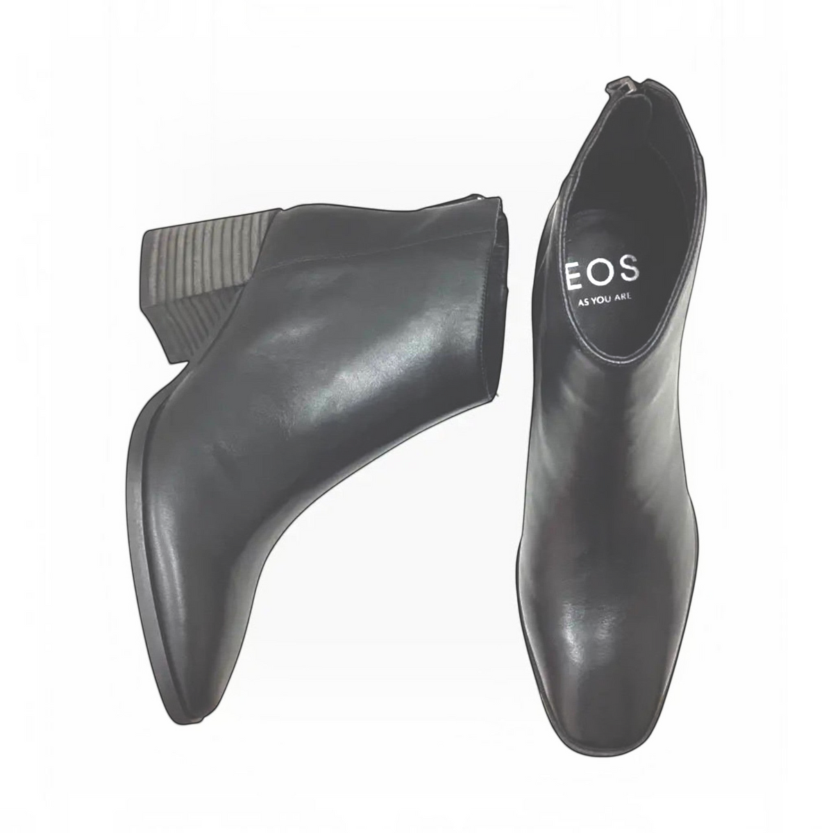 The Shoe Shop Keara black leather ankle boots featuring an almond toe, back zip, and a comfortable stacked block heel.