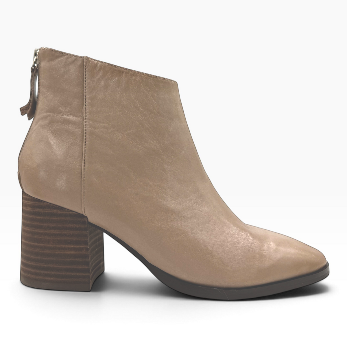 The Shoe Shop Keara ankle boot in taupe leather with a stacked block heel and back zip closure