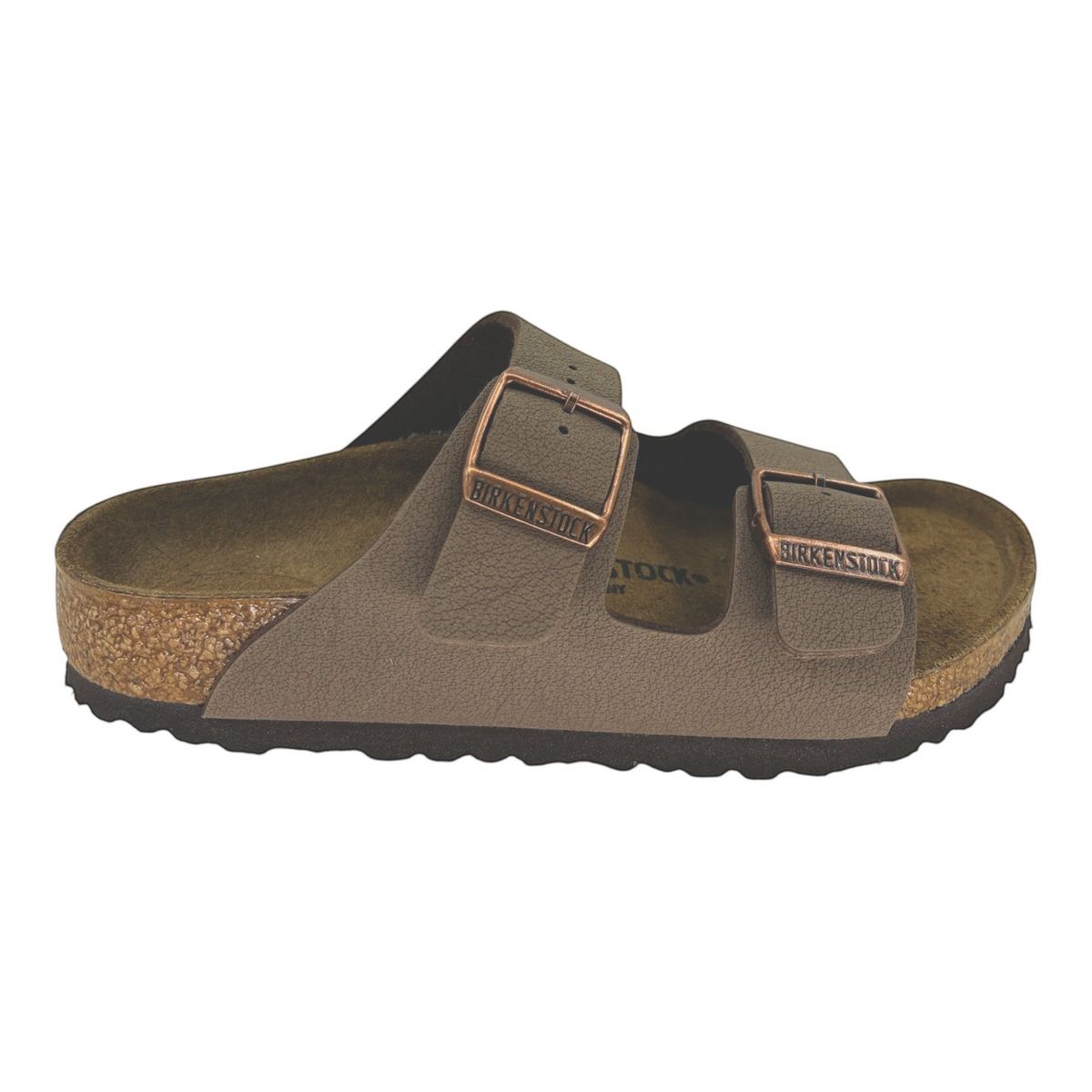 The Shoe Shop kids Birkenstock Arizona sandal in brown Birkibuc with two adjustable metal buckles and cork footbed.