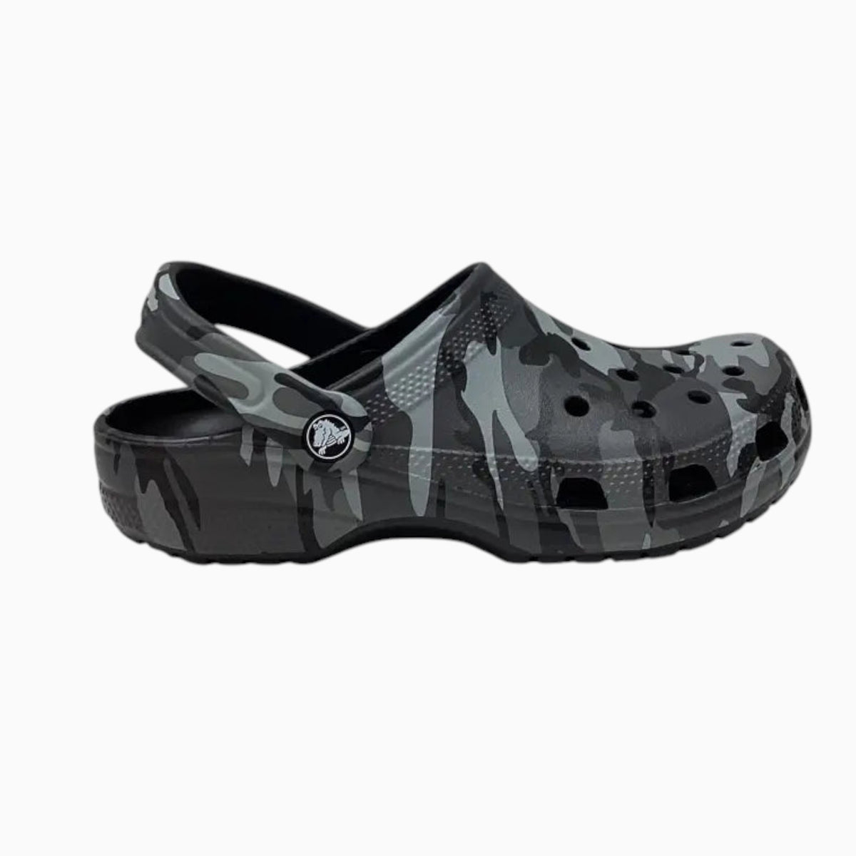 The Shoe Shop kids classic clog in a grey and black camo print with ventilation ports and a pivoting heel strap.