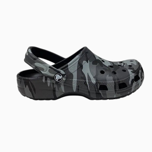 The Shoe Shop kids classic clog in a grey and black camo print with ventilation ports and a pivoting heel strap.