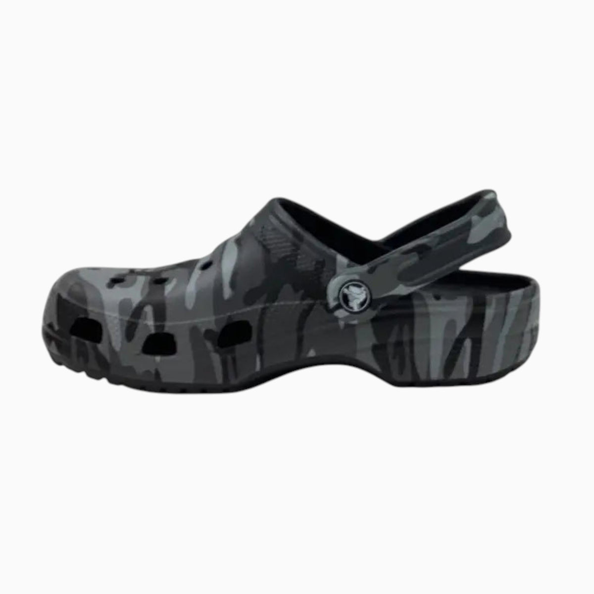 The Shoe Shop kids Classic Clog in a grey and black camo print with ventilation ports and a pivoting heel strap.