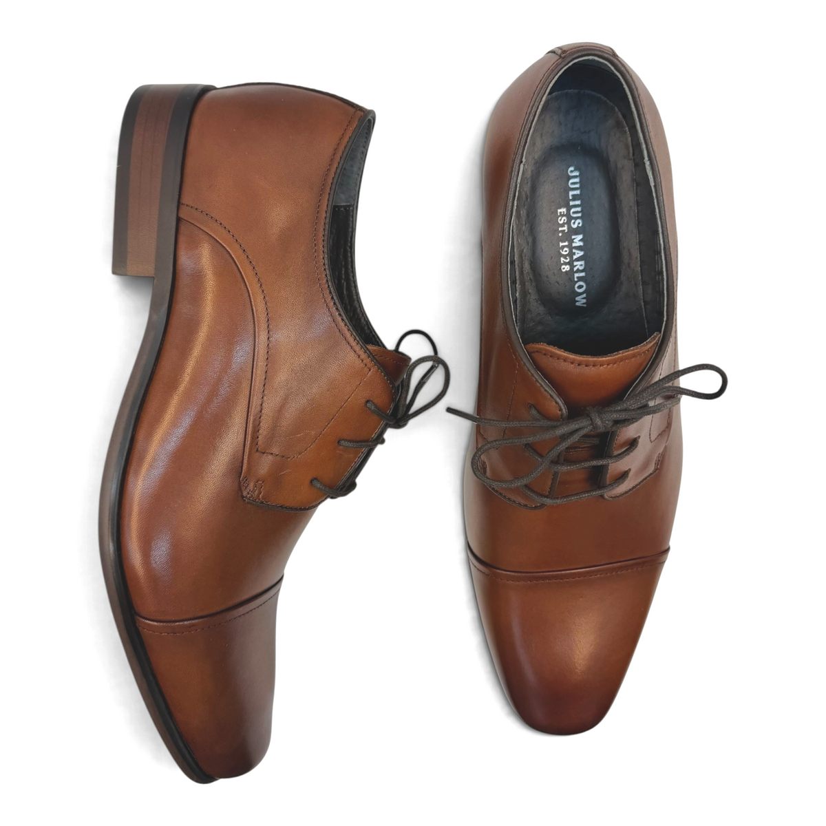 The Shoe Shop Knock cognac brown leather lace-up dress shoes with a cap toe design viewed from above