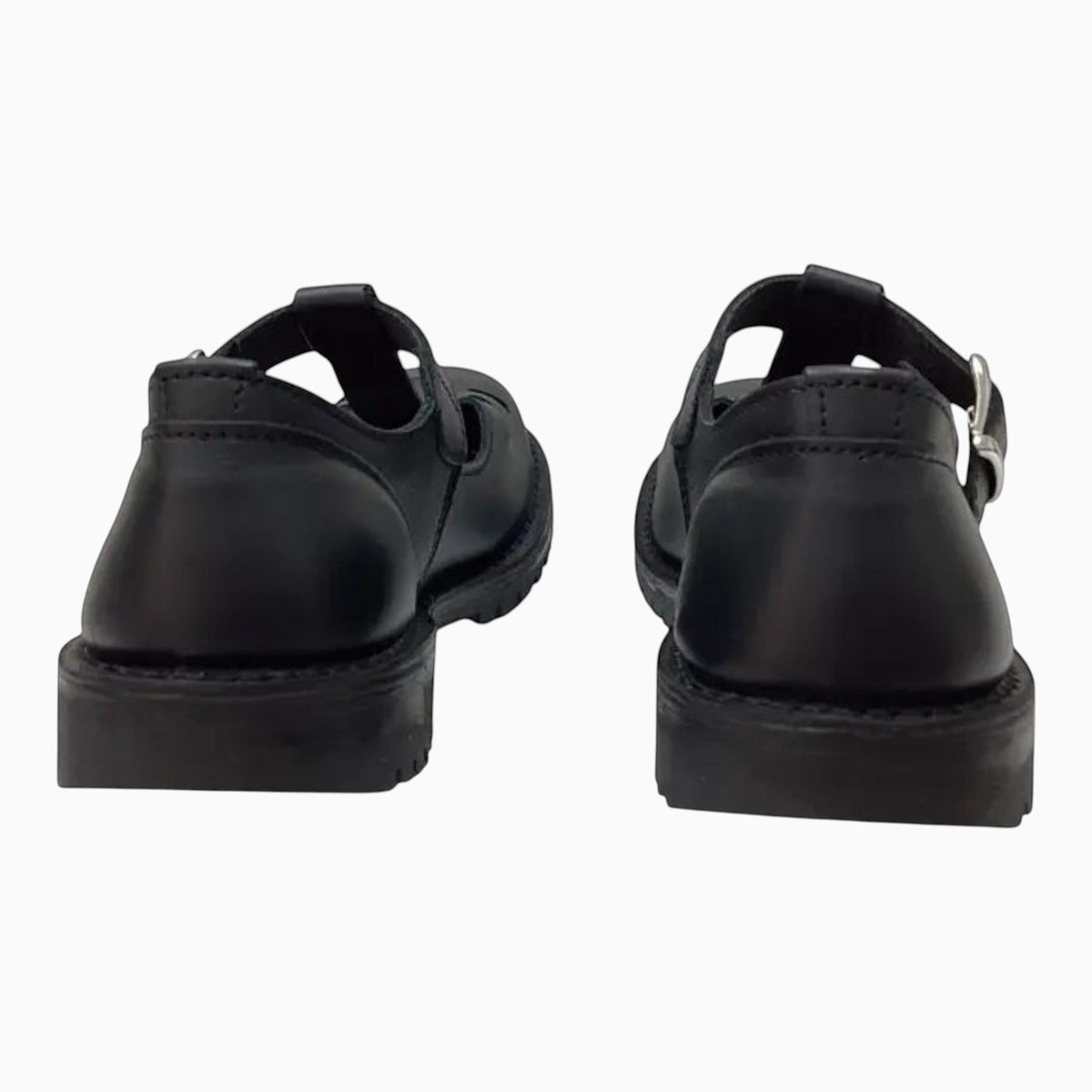The Shoe Shop McKinlays Kristen black leather T-bar school shoes, rear view showing supportive heel counters.