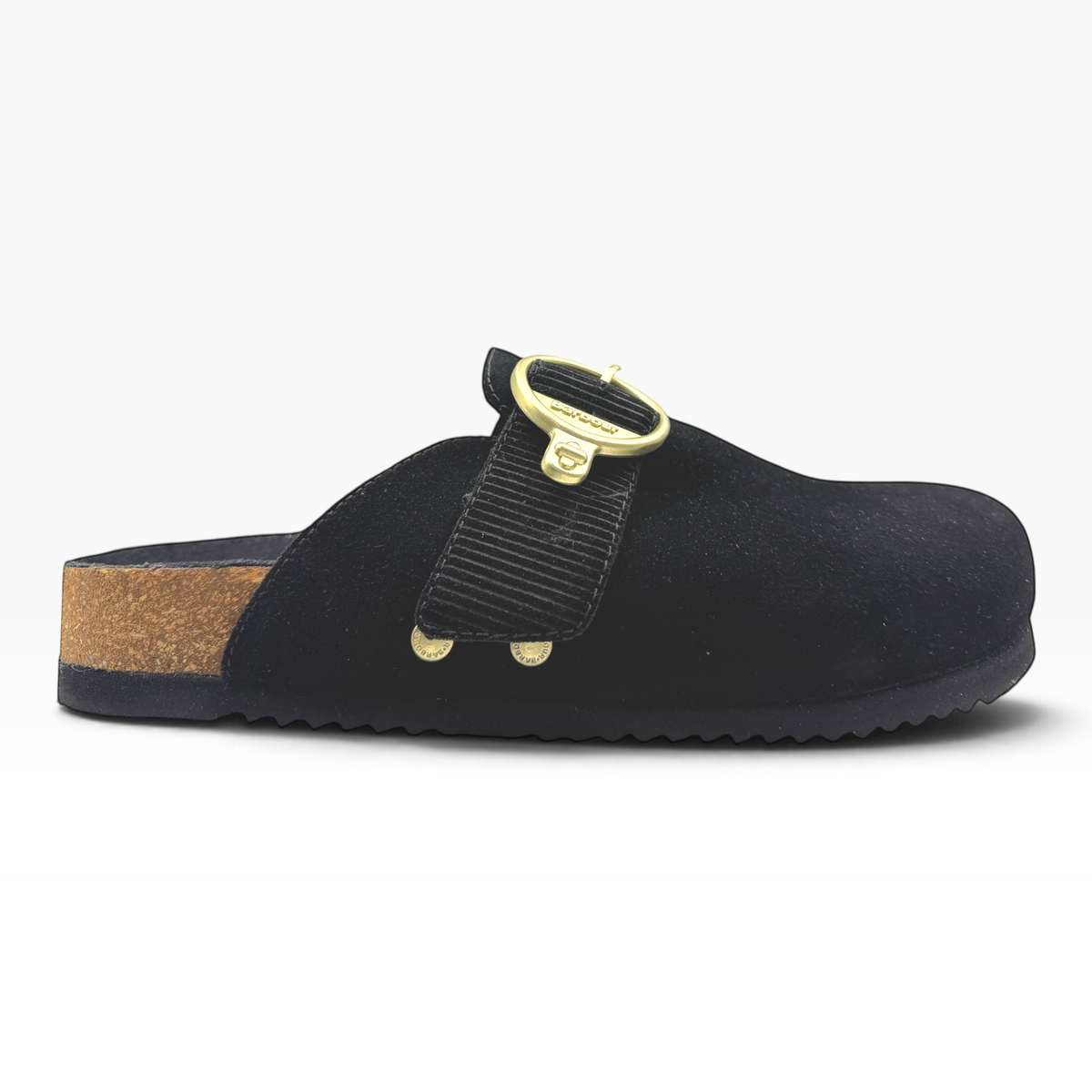 The Shoe Shop Kyra black suede mule with a gold ring-pull zip, cork footbed, and razor-tooth rubber sole.
