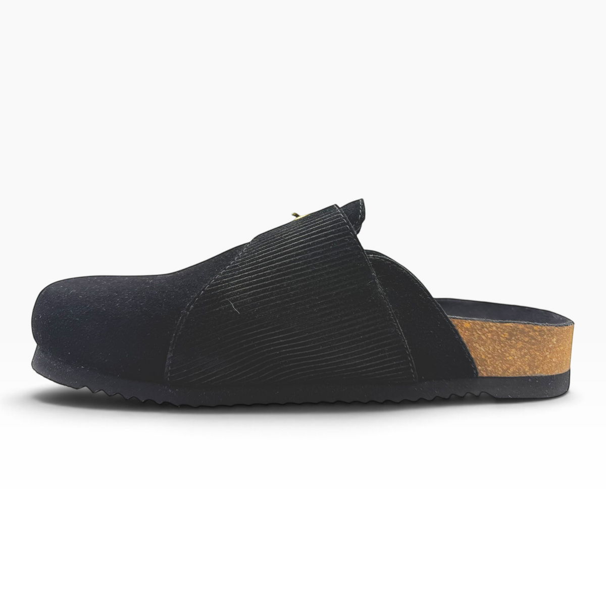 The Shoe Shop Kyra black suede mule with a closed toe, ring-pull zip detail, and a cork footbed on a rubber sole.