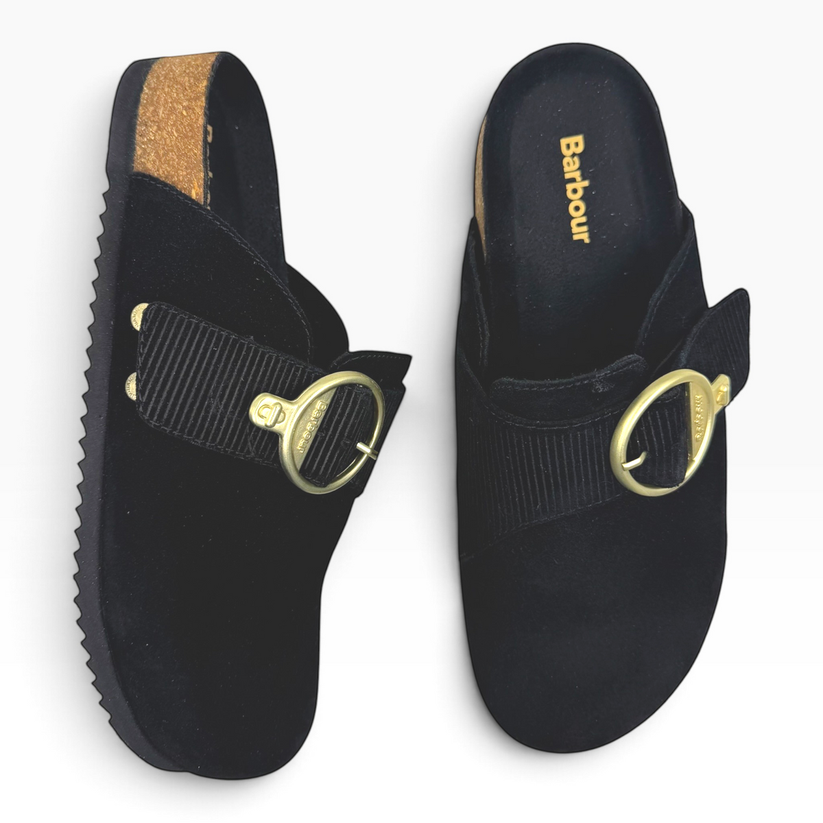 The Shoe Shop Kyra black suede mules with gold ring-pull zip detail and cork footbed on a white background