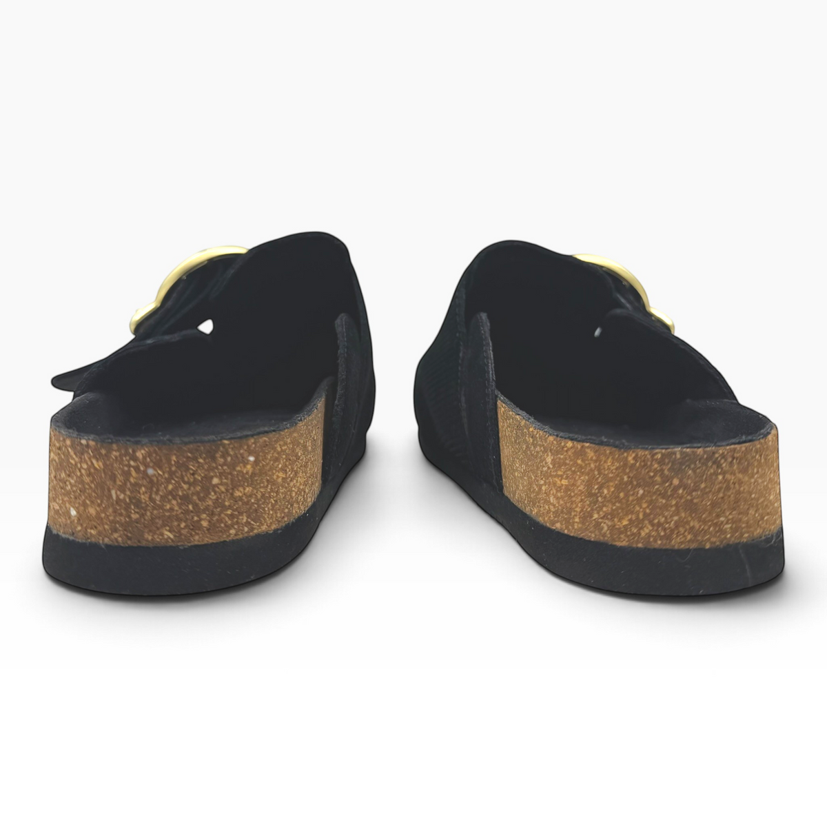 The Shoe Shop Kyra black suede mules featuring a cork footbed and gold ring-pull zip detail, back view