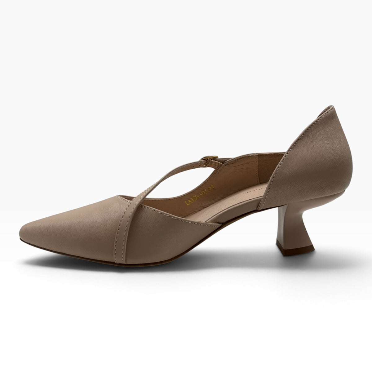 The Shoe Shop Laidy beige pointed-toe kitten heel pump with a delicate crossover strap and sculpted heel