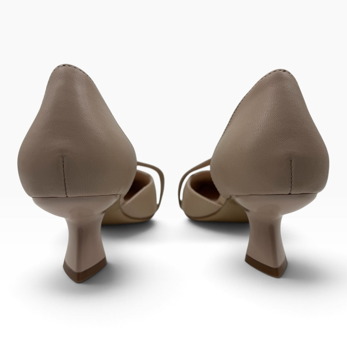 The Shoe Shop Laidy beige leather pumps with a unique sculpted kitten heel viewed from the back