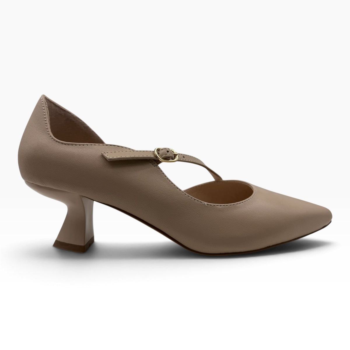 The Shoe Shop Laidy beige pointed-toe Mary Jane heels with a unique sculptural kitten heel and side buckle strap.