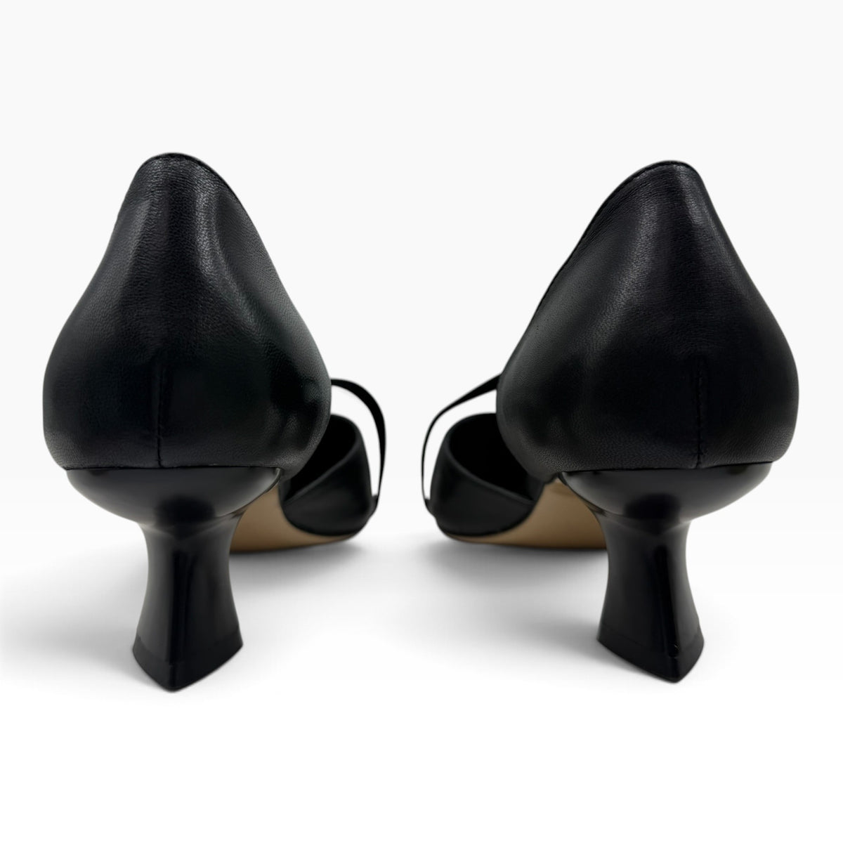 The Shoe Shop Laidy black leather Mary-Jane pumps viewed from the back showing the elegant flared heels.