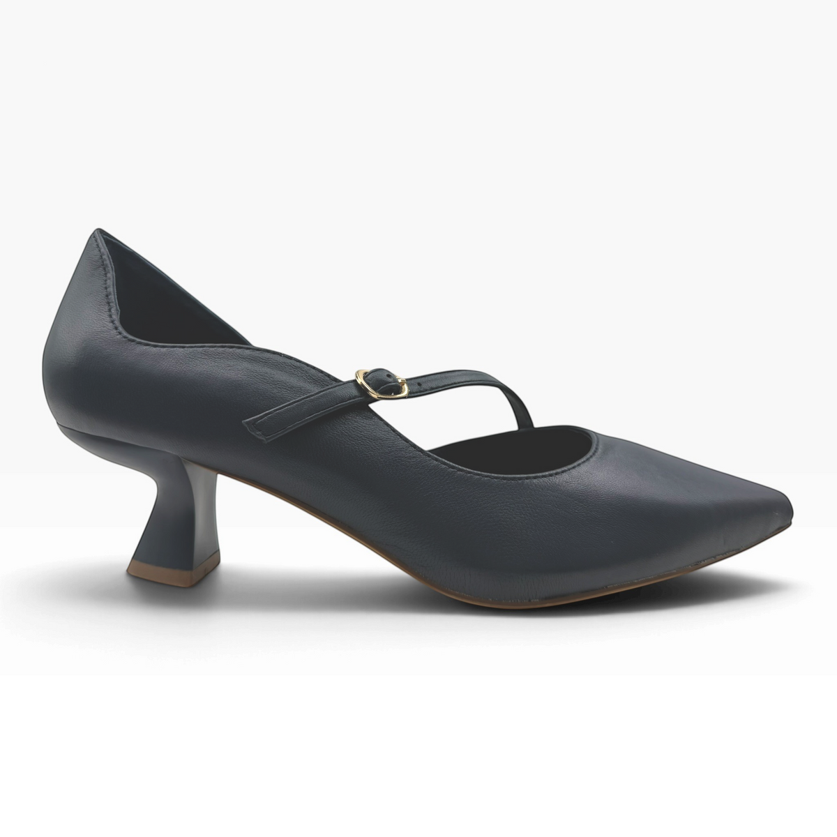 The Shoe Shop Laidy black leather pointed-toe Mary Jane heels with a unique flared kitten heel and buckle strap.